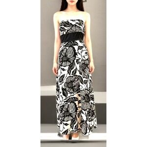 WHBM Floral Black White Maxi Dress Satin‎ Waistband Formal Gown Strapless